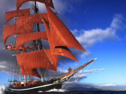 Segelreisen Karibik EYE OF THE WIND Produktbild zeigt die Brigg mit den braunen Segeln auf den Kanaren segelnd