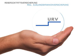 Reiserücktritt- und Auslandskrankenschutz Produktbild zeigt das Logo der URV auf einer ausgestreckten Hand